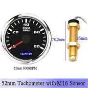 HD 0~3000 RPM 4000RPM 7000RPM 8000RPM 52mm Tachometer +Tacho Sensor Car Marine Outboard Diesel Engine Tacho Gauge With Hourmeter gauge and M16 sensor