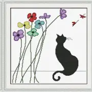 Whiskered Blooms Cross Stitch Kit - Easy Cat and Flower Patterns for Stamped or