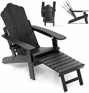 Costway Patio Adirondack Chair, All-Weather HIPS 180kg Loaded Lounge Chair w/Retractable Footrest & Adjustable Backrest, Outdoor Folding Adirondack Chaise Lounge for Lawn, Backyard (Black)