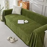 Thickened Chenille Sofa Slipcover - Premium Decorative Throw Blanket for 3-Seater Large Couches & Sectional Sofas - Stylish Fringe Trim, Soft Stretchy Fabric, Generous Size 340cm×180cm - Olive Green