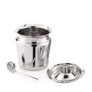 Stainless Steel Oil, Ghee Pot/Container with 1 Spoon - Set of 2, Silver