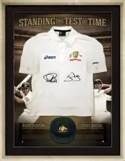 RICKY PONTING & STEVE WAUGH SIGNED FRAMED STANDING THE TEST OF TIME TEST SHIRT