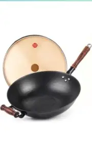WANGYUANJI Cast Iron Wok,12.59'' Flat Bottom Wok with Glass Lid, Cooking Wok