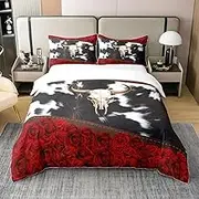 100% Nature Cotton Vintage Cow Skull Duvet Cover Full Size,Retro Farmhouse Western Cattle Skin Comforter Cover for Teens Youth,Valentine's Day Red Rose Flowers All Season Super Soft Bedding