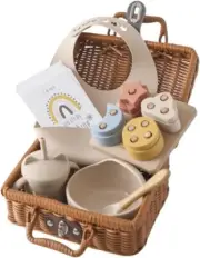 4 in 1 Newborn Gift Bundle with Wooden Stacking Game and Feeding Set (Beige)