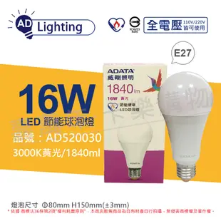 【ADATA威剛照明】LED 16W 3000K 黃光 E27 全電壓 球泡燈 (8.6折)