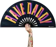Raveahem UV Glow Rave Fan, Bamboo Folding Clack Hand Fan for Men Women (Rave Daddy, Large 13")