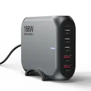 USP 188W Five Ports USB-C PD GaN Wall Charger Black - 3x USB-C, 2x USB-A, Efficient, High Quality, Tablet, Laptop,Watch, iPhone, Samsung Galaxy 6976552041621