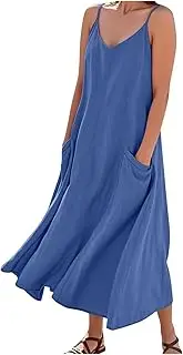 [Generic] Womens Solid Color Round Neck Pockets Casual Daily Long Tank Dress Ladies V Neck Wrap Dresses for Women Midi Chiffon White Mini Sleeveless for Evening Plus Size