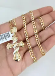 10k Gold Chain Necklace Jesus Cross Pendant Set Cuban Curb 4mm 18"-26" Charm