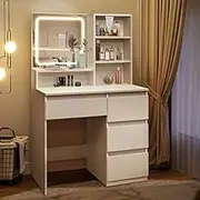 Makeup Table with Mirror Vanity Table with 4 Drawers 3 Shelves Dressing Desk with LED Light White Dresser Modern Bedroom Furniture White