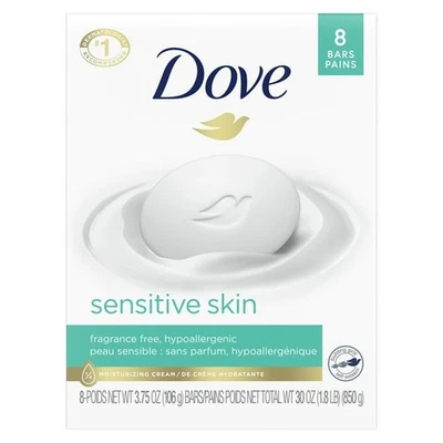 Dove Sensitive Skin Beauty Bar Soap 3.75 oz 8 Bars – Unscented & Hypoallergenic
