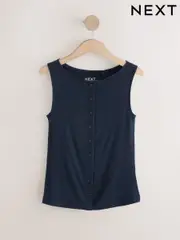 Inky Navy Soft Touch Ribbed Sleeveless Button Through Cardigan Containing TENCEL™ Lyocell (F04794) | $31