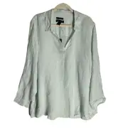 NWT Tahari Linen Top Size 2X Roll Tab Sleeve Long Light Blue Back Buttons