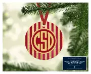 SET OF 4 MONOGRAM INITIALS METAL CHRISTMAS ORNAMENTS PERSONALIZED GOLD STRIPE D5