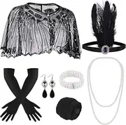 [GoFunway] 10 Pieces 1920s Flapper Great Gatsby Accessories Set Fashion Roaring 20's Theme Set with Headband Headpiece Long Black Gloves Necklace Earrings for Women