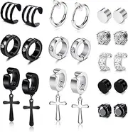 [YADOCA] 11 Pairs Non-piercing Cross Dangle Hoop Earrings Stud Earrings Unisex Fake Ear Hoop Cuff Helix Clip on Cartilage No Piercing Stainless Steel, Metal