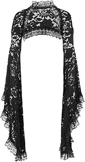 [Botenwall] Women Punk Mesh Lace Bolero Shrug Top Bell Sleeve Gothic Sheer Grunge Y2K Black, Black, Small