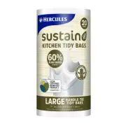 20pc Hercules Sustain Kitchen 34L Tidy Bags Large Plant Based Garbage Bin White