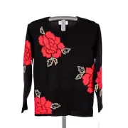 Alfred Dunner Floral Sweater Women's SMALL Cozy Cottage Rose Flower Red Black