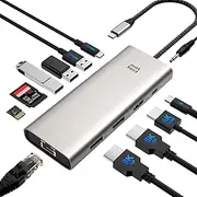 Minthouz USB C Docking Station Triple Monitor for Dell HP Lenovo, 12 in 1 USB C Hub, 4 x USB Data Port Multiport, 100 W PD Thunderbolt 3/4.2.5G Gigabit LAN/SD/TF/3.5 mm, for Laptop/Smartphone/Tablet