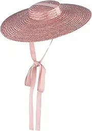 [ESOMAVRIX] Flat Brim Hats for Women Vintage Flat Top Sun Protection Straw Boater Hat Wide Brim Anti-UV Breathable Outdoor Summer Woven Sun Hats with Chin Straps for Beach, Travel, Wide Brim Straw Hat/4200