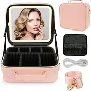 Makeup Bag with LED Mirror Waterproof Cosmetic Train Case with Adjustable Dividers Travel Makeup Case 3 Color Temperature and Brightness Adjustable Cosmetic Bag for Ladies Women and Makeup Artists //