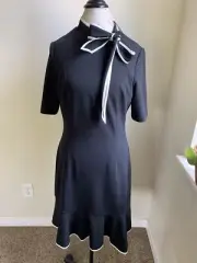 WHITE HOUSE BLACK MARKET Women’s Tie Neck Flounce Sheath Black Dress 10 NWT $150