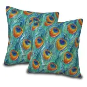 Throw Pillow Covers Set of 2 18x18 in Peacock Feather Decorative Pillow Cases