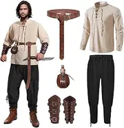 Mprocen Medieval Shirt Costume Men's Renaissance Lace-up Shirt Fishing Shirt Gothic Stand-Up Collar Cosplay Top with Knee Trousers (Black, XXL)