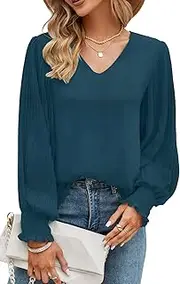 Odosalii Womens Tops Pleated Lantern Sleeve V-Neck Shirts Elegant Solid Color Loose Fit Casual Chiffon Blouse
