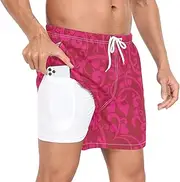 [GuoChe] Men Beach Shorts Men 2 in 1 Workout Shorts Wine Color Valentine's Day Hearts Red with Compression Liner Beachwear, Wine Color Valentine's Day Hearts Red, Large