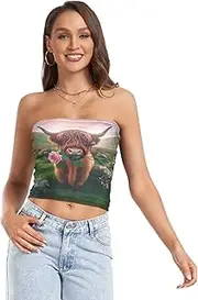 [RPLIFE] Retro Cow Flower Green Cropped Tube Top Strapless Top for Women, Mesh Tube Tops, Summer Tube Tops for Women (S)