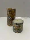 CANDLES Set of 2 COLUMNS Green & Gold Diamond Shape Pattern PILLARS Approx 3 & 6