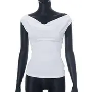 Off Shoulder Cowl Neck Plain Open-Back Slim-Fit Top White - M
