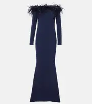 [Safiyaa] Safiyaa Starlana feather-trimmed off-shoulder gown AU 6 blue