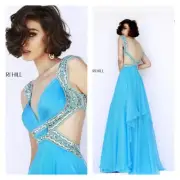 Sherri Hill Blue Crystal Beaded Cutout Open Back Formal Maxi Gown Size 6 NWT