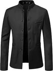 [Zeiyignr] Men's Chinese Tunic Suits Mandarin Collar Formal Suit Jacket Solid Slim Fit Front Button Blazer Traditional Uniform