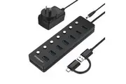 Simplecom CH375C USB-A and USB-C to 7-Port USB 3.0 Hub 5Gbps Individual Switches and Power Adapter CH375C