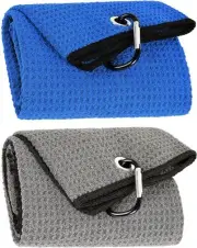 2 Pack Tri-fold Golf Towel Set, Microfiber Fabric Waffle Pattern Towels, Outdoor