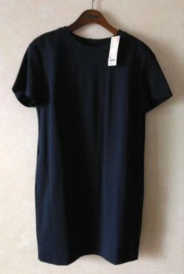 Uniqlo Navy Punch Short Sleeve Dress M Stylish Solid Back Zipper Pockets