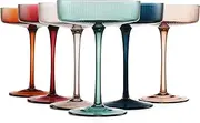 Colored Vintage Art Deco Coupe Glasses - Martini, Cocktail & Champagne Ribbed Glasses 7oz | Set of 6 | Cute Pastel Muted Crystal Cocktail Glassware, Goblet Cocktails, Stemmed Ripple Glassware Gift Box