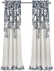 [Lush Decor] Tanisha Curtains - Light Filtering Window Panel Set, Pair - Floral Vine Print, Beautiful, Modern, Elegant Home Decor - 52" W x 95" L, Navy & White