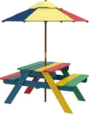 Outsunny Kids Picnic Table Set with Parasol, Wooden Outdoor Bench Set with Seating for 2 Children 3-6 Years Old for Patio, Backyard, Indoor Use, Multicolor