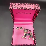 Betsey Johnson Enamel Tuxedo Black White Kitty Cat Red Heart Brooch Earrings