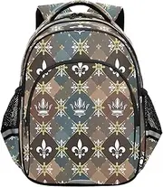 [RPLIFE] Ornate Crowns and Fleur De Backpack for Kids Ages 8-14, Boys Elementary School Backpack, 17 Inch, Ornate Crowns and Fleur De