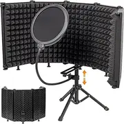FORYUSE Microphone Isolation Shield with Pop Filter and Adjustable Tripod Stand, Foldable High Density Triple Sound Insulation Mic Sound Shield for Studio