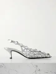 [The Attico] The Attico - Grid Studded Metallic Leather Slingback Pumps - Silver - IT39 IT 39 Silver