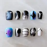 [GLORS] Purely Handmade Short Press On Nails | AI Cyberpunk Style Wearable Fake False Nails | Salon Quality with Metallic Short Nail Art in Short Square (S,SS)