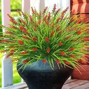 obbsie 36 Bundles Artificial Plants Outdoor, 18.2" UV Resistant Faux Monkey Grass Greenery Stems No Fade Faux Plastic Flowers Shrubs for Home Weddings Garden Porch Front Patio Office Decor - Red